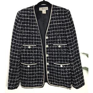 Carlisle Vintage Navy Blue White Blazer Wool Blend Tweed Blazer VTG Workwear